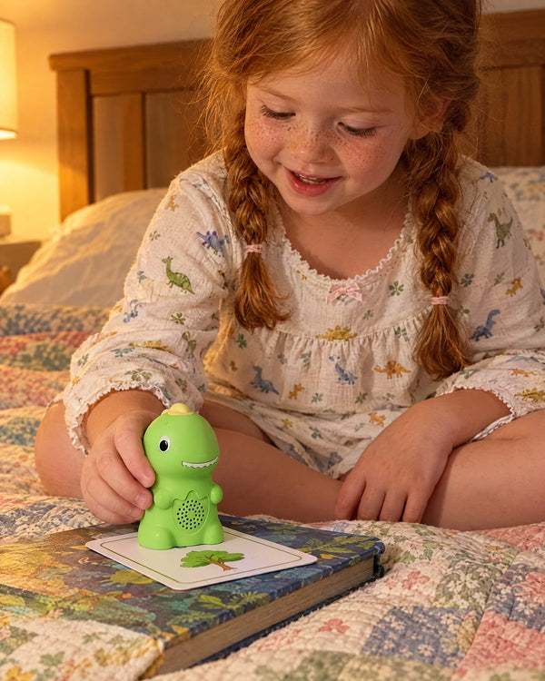 A girl plays with Echo on her bed at quiet time