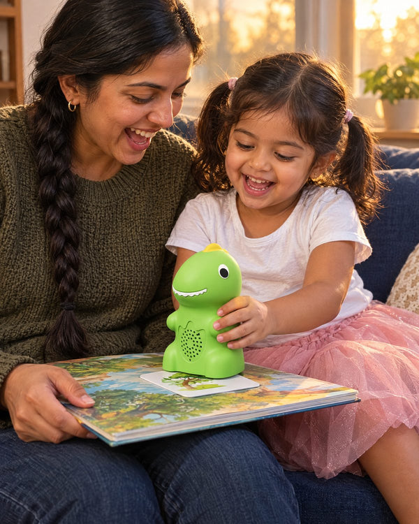 A mom and her daughter play with Echo on the couch