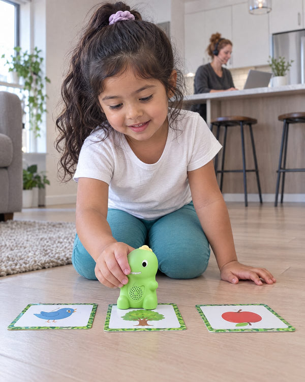 A girl sets Echo on picture cards on the living room floor