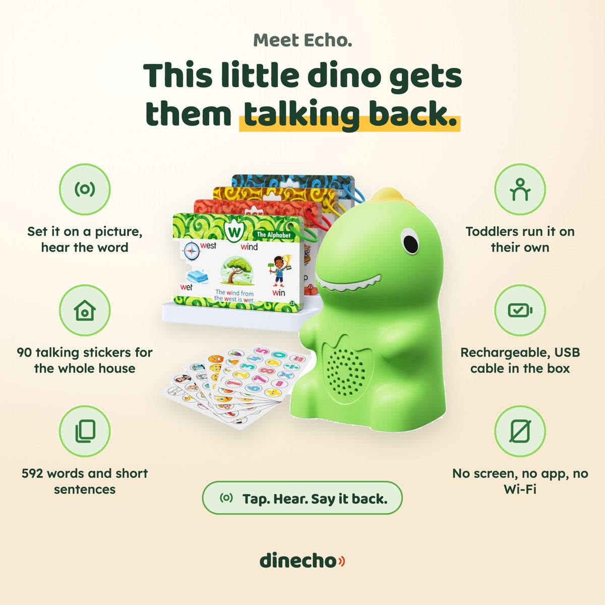 This little dino gets them talking back, with six benefits