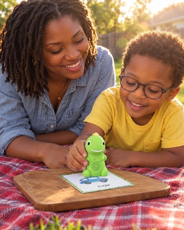 A boy and his mom play with Echo on a picnic blanket